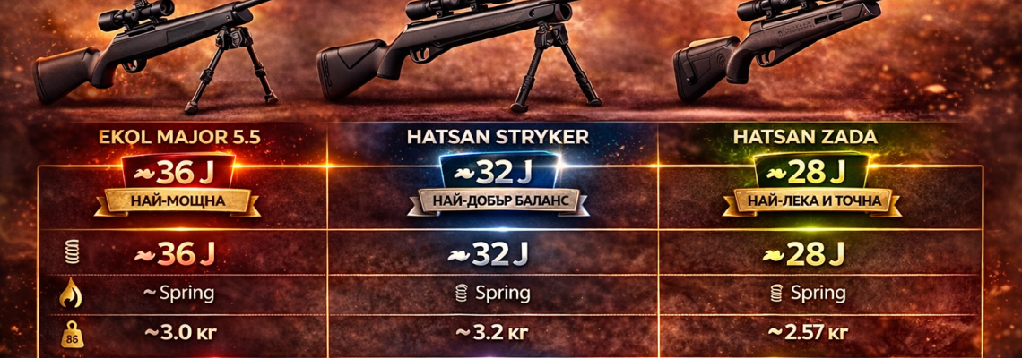 Сравнение на въздушни пушки: HATSAN Zada, EKOL Major и HATSAN Stryker 5.5 мм