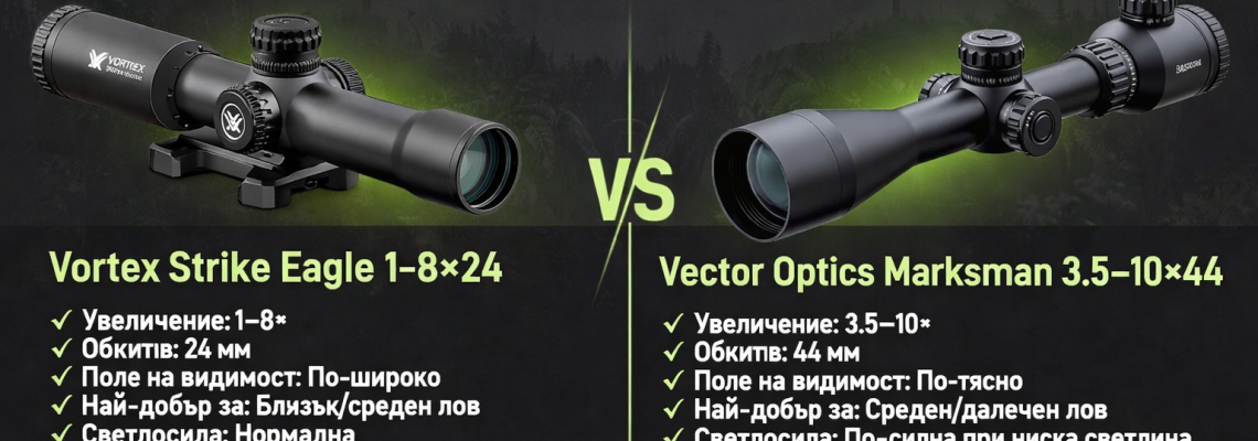 Сравнение на оптиките: Vortex Strike Eagle 1-8×24 и Vector Optics 3.5–10×44 Marksman