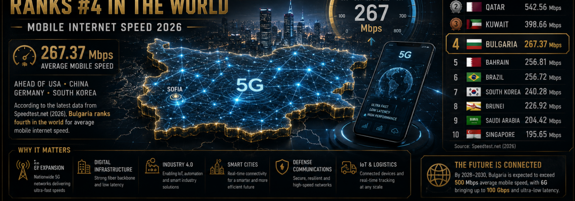 България е в Топ 4 на света по скорост на мобилен интернет (2026)
